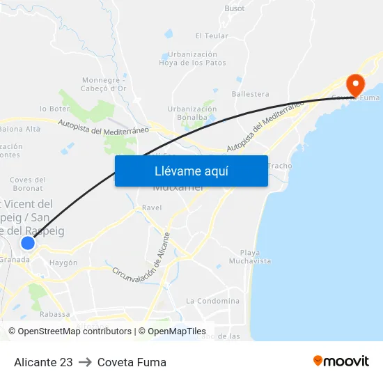 Alicante 23 to Coveta Fuma map