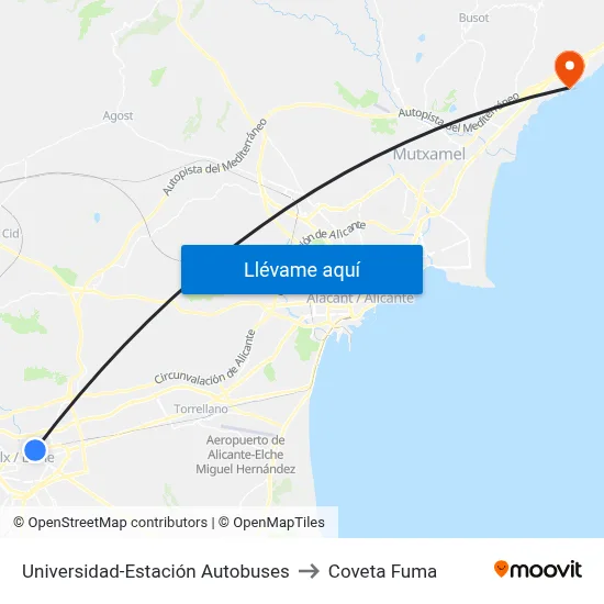 Universidad-Estación Autobuses to Coveta Fuma map