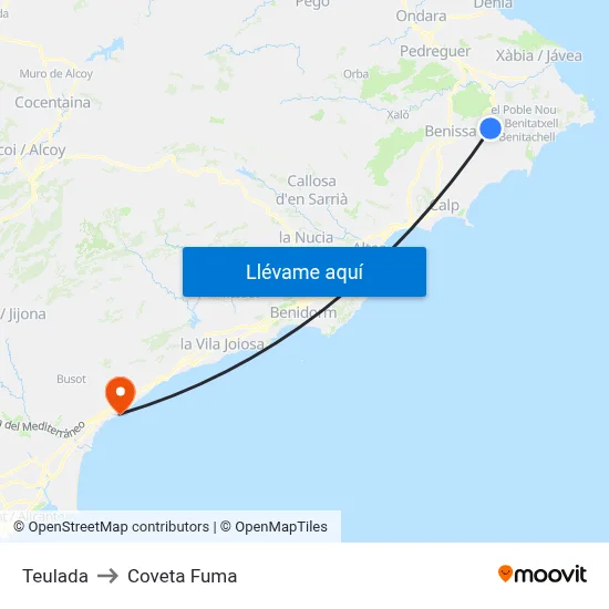 Teulada to Coveta Fuma map