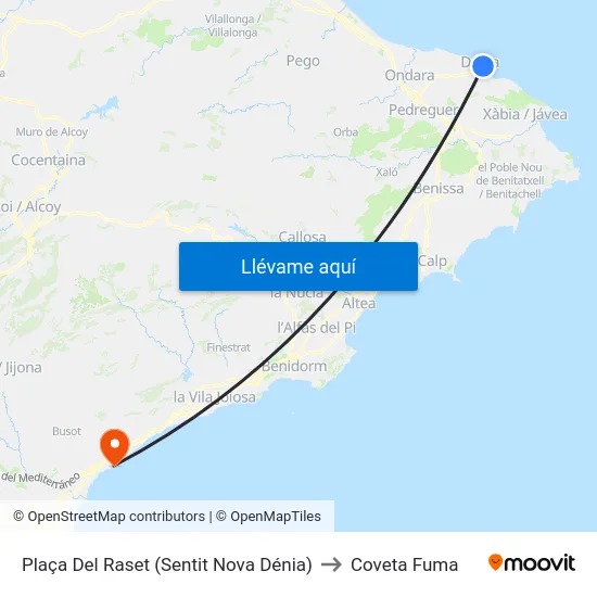 Plaça Del Raset (Sentit Nova Dénia) to Coveta Fuma map