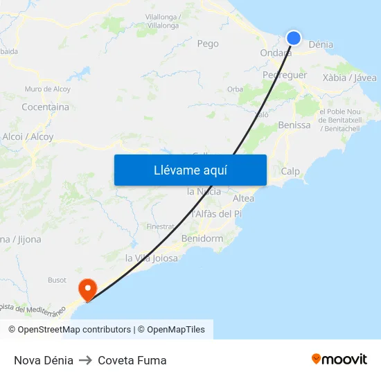 Nova Dénia to Coveta Fuma map