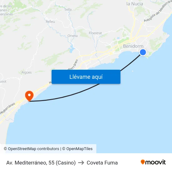 Av. Mediterráneo, 55 (Casino) to Coveta Fuma map