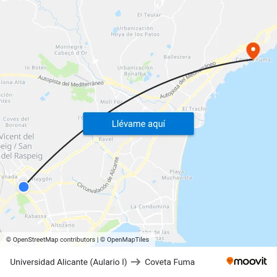 Universidad Alicante (Aulario I) to Coveta Fuma map