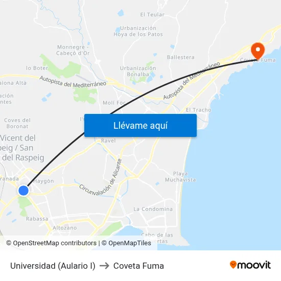 Universidad (Aulario I) to Coveta Fuma map