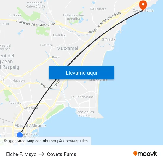 Elche-F. Mayo to Coveta Fuma map