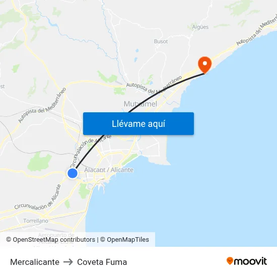 Mercalicante to Coveta Fuma map