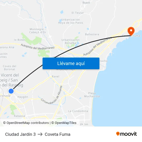 Ciudad Jardín 3 to Coveta Fuma map