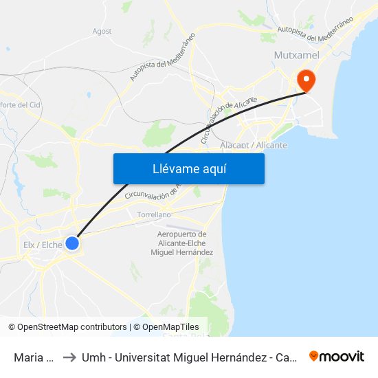 Maria Maetzu to Umh - Universitat Miguel Hernández - Campus de Sant Joan D'Alacant map