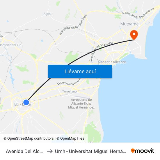 Avenida Del Alcalde Vicente Quiles, 2 to Umh - Universitat Miguel Hernández - Campus de Sant Joan D'Alacant map