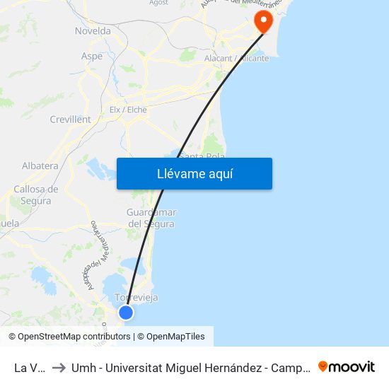 La Veleta to Umh - Universitat Miguel Hernández - Campus de Sant Joan D'Alacant map