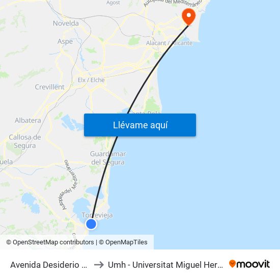 Avenida Desiderio Rodríguez - Los Amigos - Ida to Umh - Universitat Miguel Hernández - Campus de Sant Joan D'Alacant map