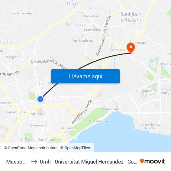 Maestro Alonso to Umh - Universitat Miguel Hernández - Campus de Sant Joan D'Alacant map