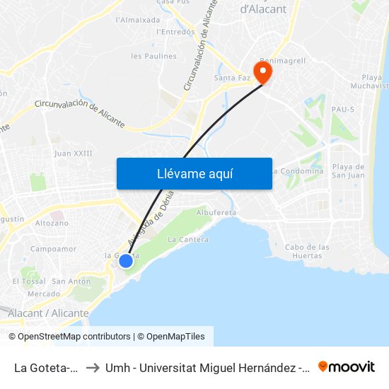 La Goteta-Plaza Mar 2 to Umh - Universitat Miguel Hernández - Campus de Sant Joan D'Alacant map