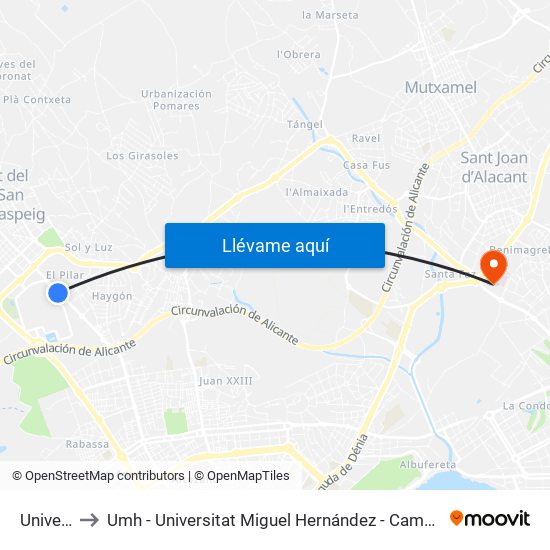 Universitat to Umh - Universitat Miguel Hernández - Campus de Sant Joan D'Alacant map