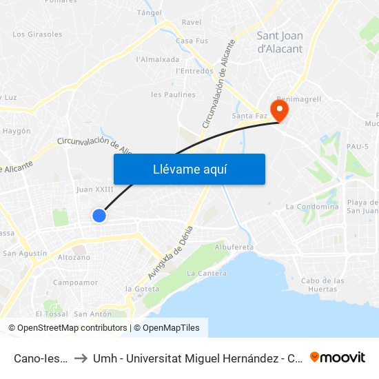 Cano-Ies Gran Vía to Umh - Universitat Miguel Hernández - Campus de Sant Joan D'Alacant map