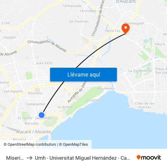 Misericordia to Umh - Universitat Miguel Hernández - Campus de Sant Joan D'Alacant map