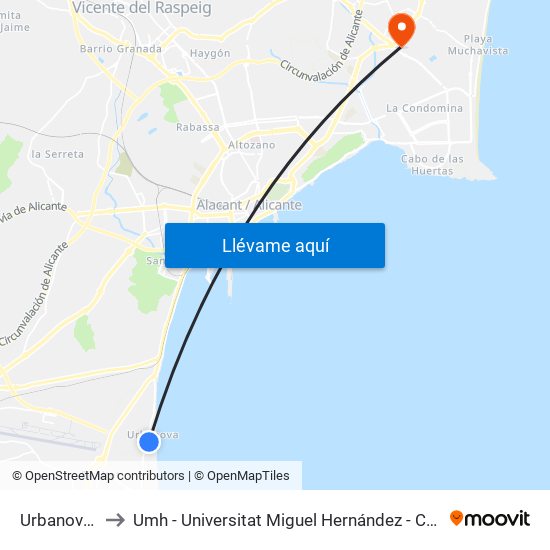 Urbanova Latorre to Umh - Universitat Miguel Hernández - Campus de Sant Joan D'Alacant map