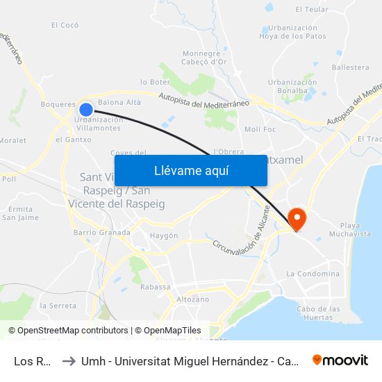 Los Ramos 2 to Umh - Universitat Miguel Hernández - Campus de Sant Joan D'Alacant map