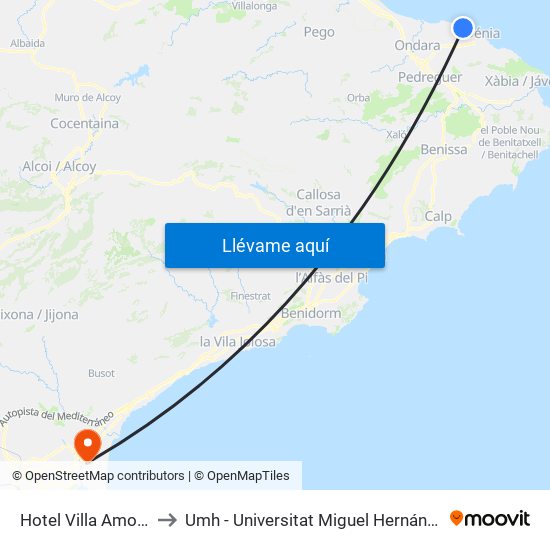 Hotel Villa Amor (Sentit Cervantes) to Umh - Universitat Miguel Hernández - Campus de Sant Joan D'Alacant map