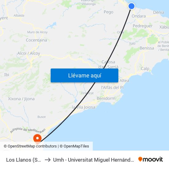 Los Llanos (Sentit Riu Racons) to Umh - Universitat Miguel Hernández - Campus de Sant Joan D'Alacant map