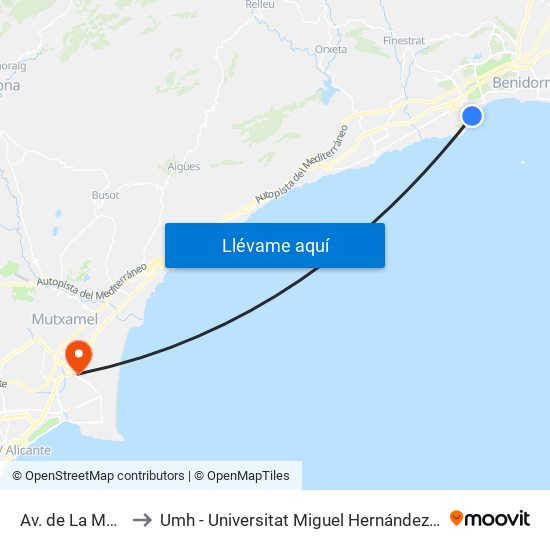 Av. de La Marina Baixa, 44 to Umh - Universitat Miguel Hernández - Campus de Sant Joan D'Alacant map