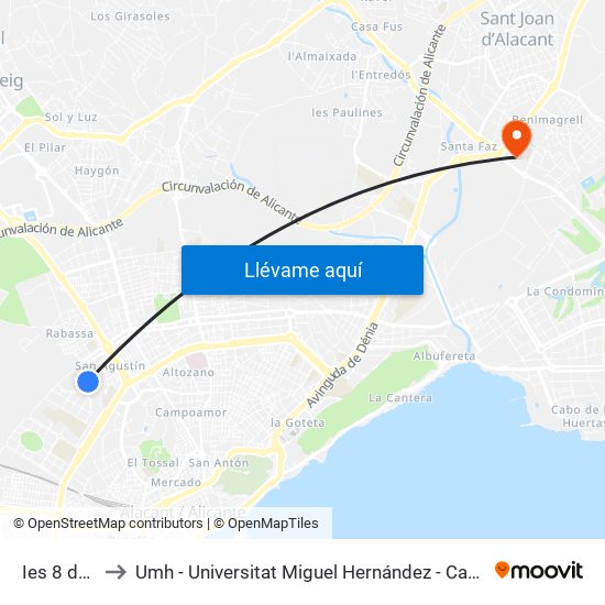 Ies 8 de Marzo to Umh - Universitat Miguel Hernández - Campus de Sant Joan D'Alacant map