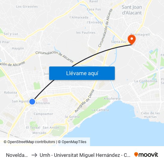 Novelda-Gran Vía to Umh - Universitat Miguel Hernández - Campus de Sant Joan D'Alacant map