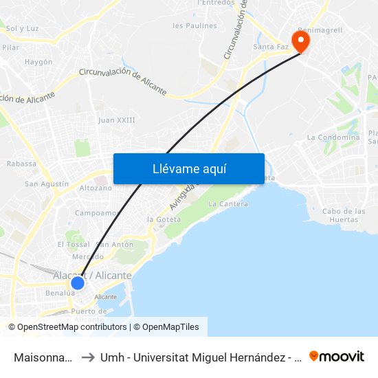 Maisonnave-Portugal to Umh - Universitat Miguel Hernández - Campus de Sant Joan D'Alacant map