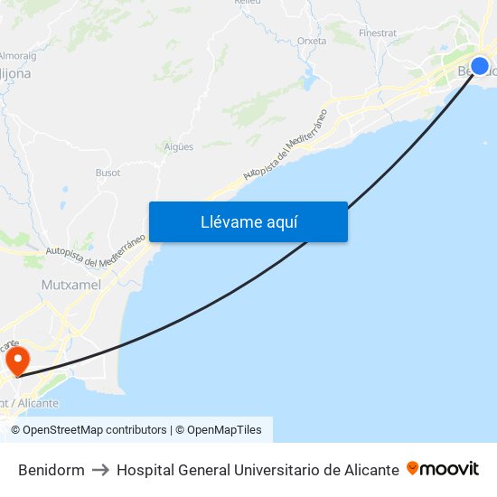 Benidorm to Hospital General Universitario de Alicante map