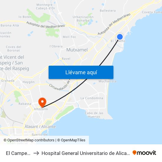El Campello to Hospital General Universitario de Alicante map