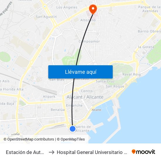 Estación de Autobuses to Hospital General Universitario de Alicante map