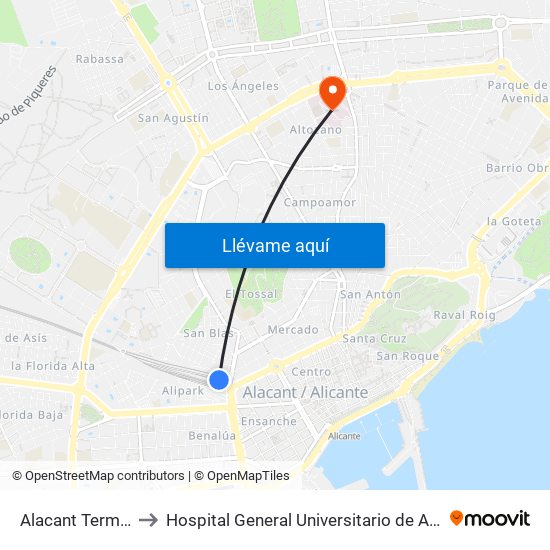 Alacant Terminal to Hospital General Universitario de Alicante map