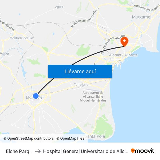 Elche Parque to Hospital General Universitario de Alicante map