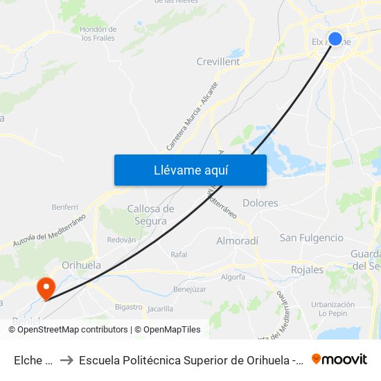 Elche Parque to Escuela Politécnica Superior de Orihuela - Universidad Miguel Hernández map