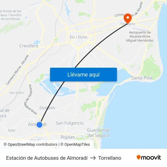 Estación de Autobuses de Almoradí to Torrellano map