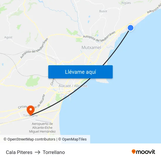 Cala Piteres to Torrellano map