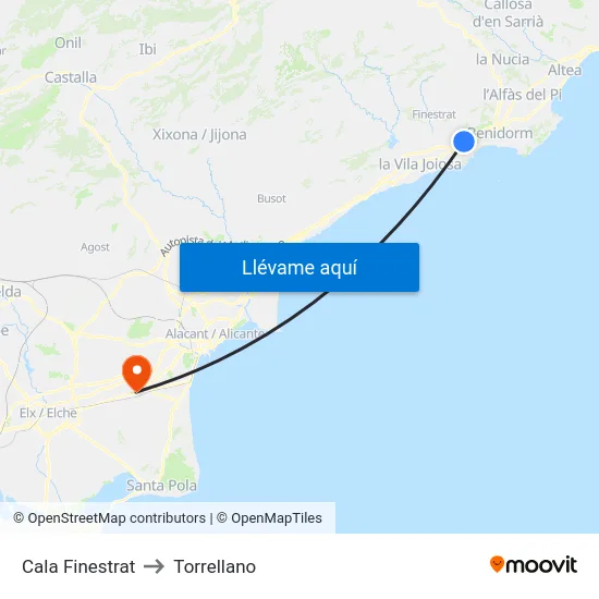 Cala Finestrat to Torrellano map