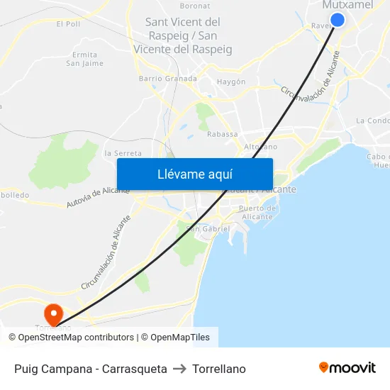 Puig Campana - Carrasqueta to Torrellano map