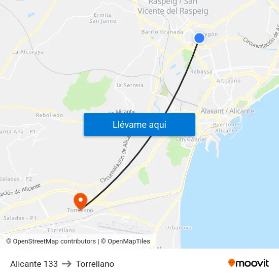 Alicante 133 to Torrellano map