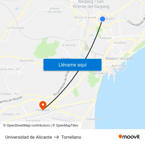 Universidad de Alicante to Torrellano map