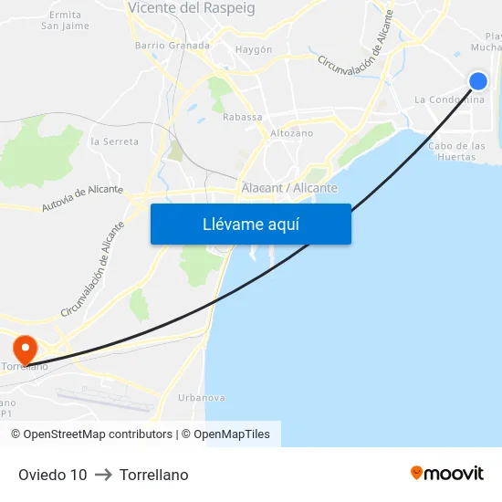 Oviedo 10 to Torrellano map