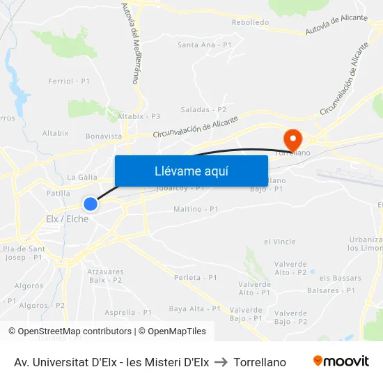 Av. Universitat D'Elx - Ies Misteri D'Elx to Torrellano map