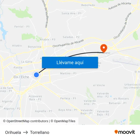Orihuela to Torrellano map