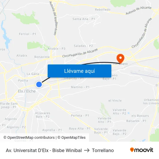 Av. Universitat D'Elx - Bisbe Winibal to Torrellano map