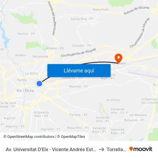 Av. Universitat D'Elx - Vicente Andrés Estellés to Torrellano map