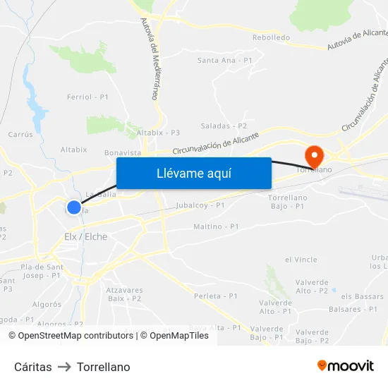 Cáritas to Torrellano map