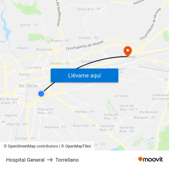 Hospital General to Torrellano map