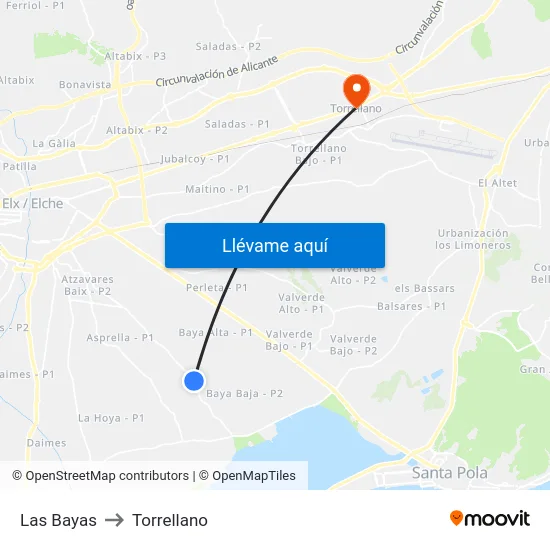 Las Bayas to Torrellano map