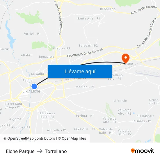 Elche Parque to Torrellano map