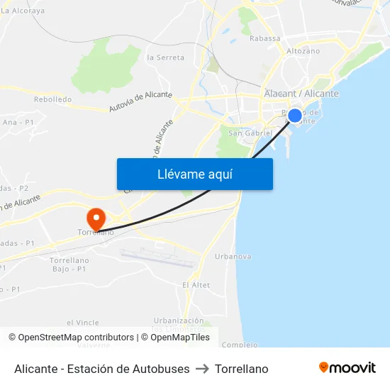 Alicante - Estación de Autobuses to Torrellano map